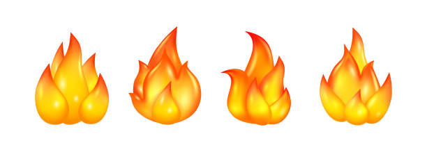 ilustrações, clipart, desenhos animados e ícones de conjunto de ícones realistas 3d fire. vetor queimando fogueira, fogueira brilha ilustração. laranja e amarelo culpando fogo, sinal de objeto inflamável, ignição inferno - flame fire fireball exploding