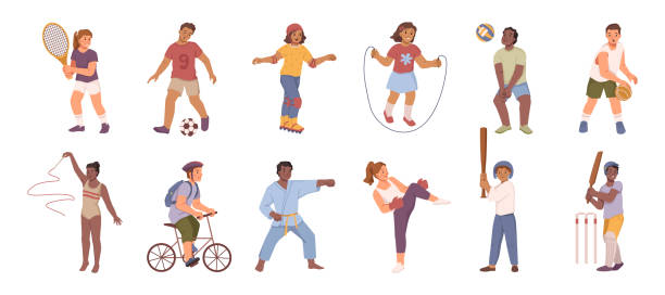 ilustrações de stock, clip art, desenhos animados e ícones de happy children playing sport game, characters doing physical exercises. vector boys and girls playing tennis, football, riding bike and play basketball. taekwondo and boxing, cricket and gymnastics - small gymnastics athlete action