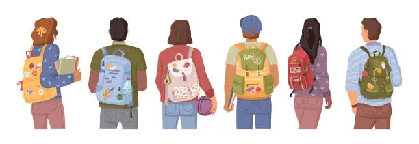 Vector illustration of College or university students with backpacks on their way to school. Vector rear view of flat cartoon boys and girls characters with rucksacks, males and females in casual cloth