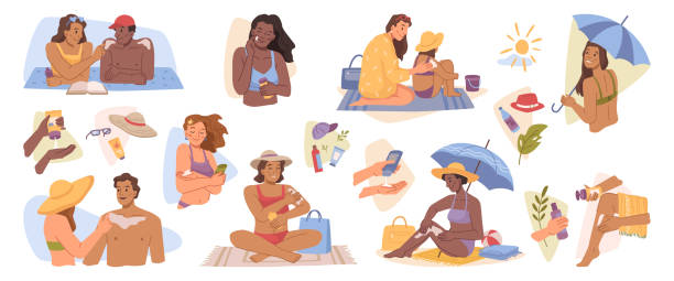男性と女性は日焼け止めを使用し、spfで日焼け止めと日焼け止めを塗ります。ビーチでの日差しや日差しの有害な影響からの保護。フラットな漫画のキャラクター、ベクターイラスト - bikini sunbathing beach women点のイラスト素材／クリップアート素材／マンガ素材／アイコン素材