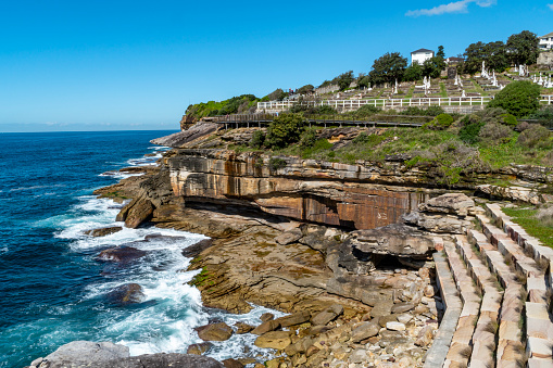 AUSTRALIA, SYDNEY, NSW - MAY 2022: Coastal view along the famous Bondi to Coogee walk.