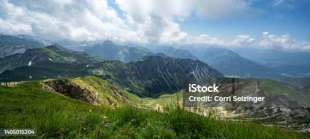 Panoramic View Of Kanzelwand Fellhorn In The Kleinwalsertal In Austria With A View Of Mountain Lake And Mountains With Lush Green Meadow And Blue Sky Mountains Landscape Background Banner Panorama Stock Photo - Download Image Now