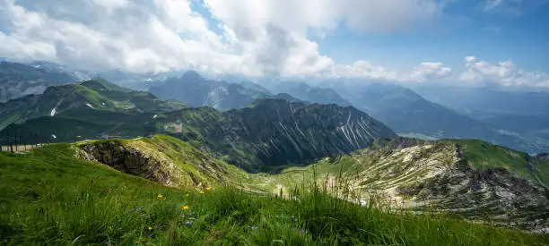 Panoramic view of Kanzelwand / Fellhorn in the Kleinwalsertal in Austria, with views of mountain lake and mountains with lush green meadow and blue sky - mountains landscape background banner panorama