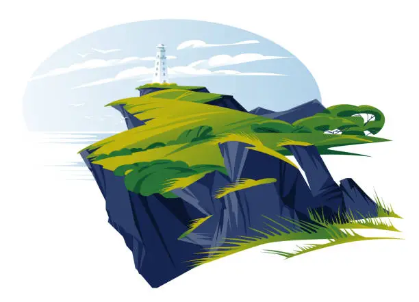 Vector illustration of Lighthouse on the green rock. Seashore, summer day, clouds and birds. Flat vector illustration