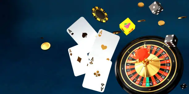 Photo of Casino online. 3d render roulette wheel, aces play cards, chips and playing dices on blue background. Gambling concept design. 3d rendering illustration.