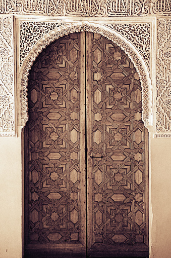 Traditional Moorish architecture, Ornate wooden door, Toned black and white