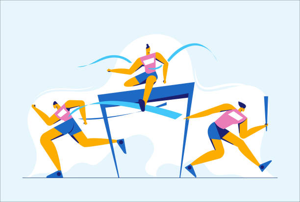 athlete in action springt über hürden - hurdle competition running sports race stock-grafiken, -clipart, -cartoons und -symbole