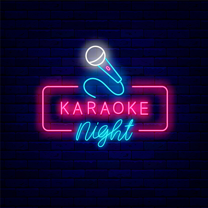 Karaoke night neon signboard. Microphone in frame. Talent show. Celebration idea. Song singer. Light sign. Label for show. Outer glowing effect. Editable stroke. Vector stock illustration