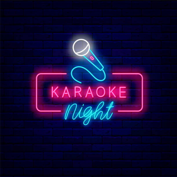 Karaoke night neon signboard. Microphone in frame. Talent show. Celebration idea. Song singer. Vector stock illustration Karaoke night neon signboard. Microphone in frame. Talent show. Celebration idea. Song singer. Light sign. Label for show. Outer glowing effect. Editable stroke. Vector stock illustration karaoke stock illustrations