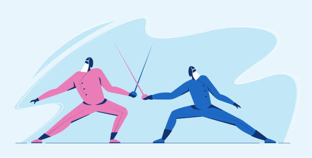 athlet mann fechten duell wettkampf - sich duellieren stock-grafiken, -clipart, -cartoons und -symbole