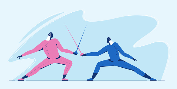 Athlete man Fencing duel competition. Sportsman in battle with Sword fighting in blue and pink color. Asian and Olympic game, vector illustration