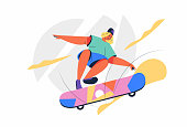 Skateboarding is a type of Olympic sport Games, The athlete show performance on skateboard in cartoon character, vector illustration