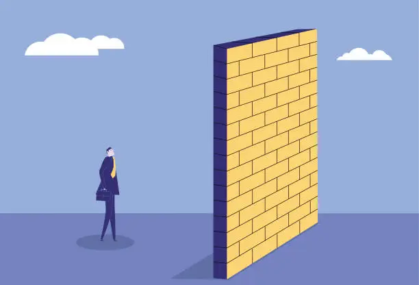 Vector illustration of A wall blocks the way for a business man