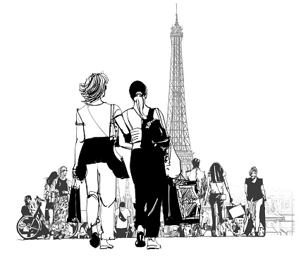 Women shopping in Paris near Eiffel Tower - vector illustration