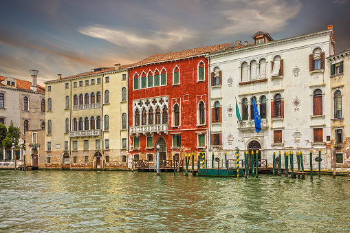 Venice sunset view on building, Grand Canal, Italy. Medieval palace.