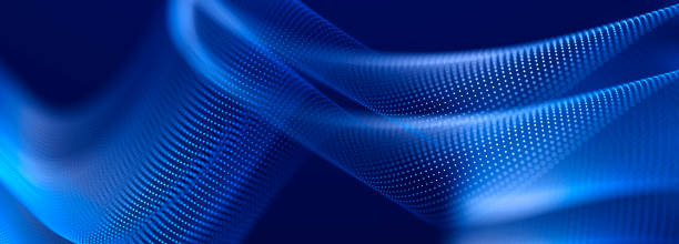 istock Abstract flow of luminous particles on dark background. Movement of colored dots. Big data. 3D rendering. Widescreen 1405020059