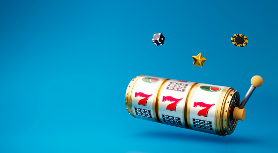 Online casino. 3D slot machine on blue background. 777 Big win concept banner casino. Gambling concept design. 3d rendering illustration