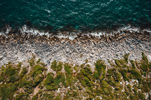 Aerial View Rocky Coastline at Aegean Sea