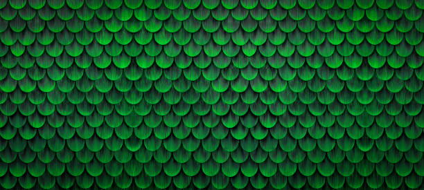istock Traditional ecological  consistent cladding of a wall with abstract dark neon green colored painted wooden larch fish scales, wood shingles, clapboard, clapboard texture background banner panorama 3D scindula in Voralberg 1405021284