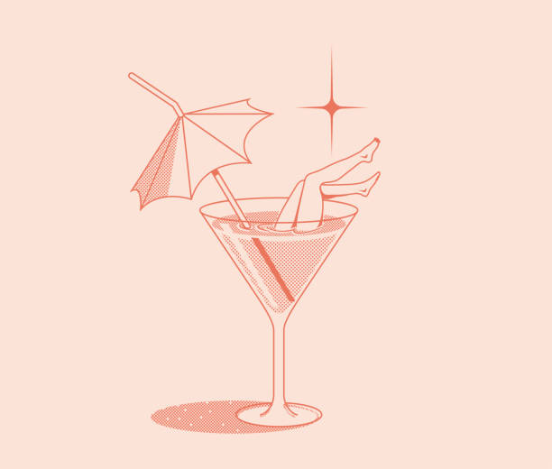 illustrazioni stock, clip art, cartoni animati e icone di tendenza di illustrazione retrò del concetto di vacanza estiva con bicchiere da cocktail estivo con ombrello e gambe di donna isolate su sfondo rosa. illustrazione vettoriale - cocktail