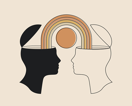 Conceptual illustration of relationships or empathy or positive emotional sharing with two heads and a rainbow between them isolated on light background. Vector eps 10 illustration