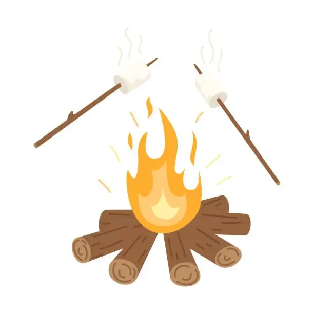 Vector illustration of A wood-burning bonfire and fried marshmallows on sticks. Picnic, hiking, camping, tourism. Flat vector illustration isolated on a white background.