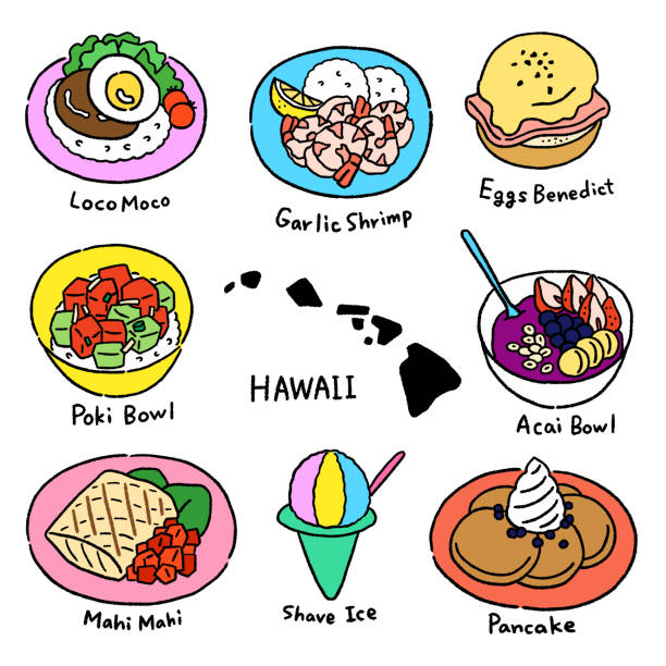 illustrations, cliparts, dessins animés et icônes de ensemble d’illustrations vectorielles de délicieux plats gastronomiques d’hawaï - oeuf poché