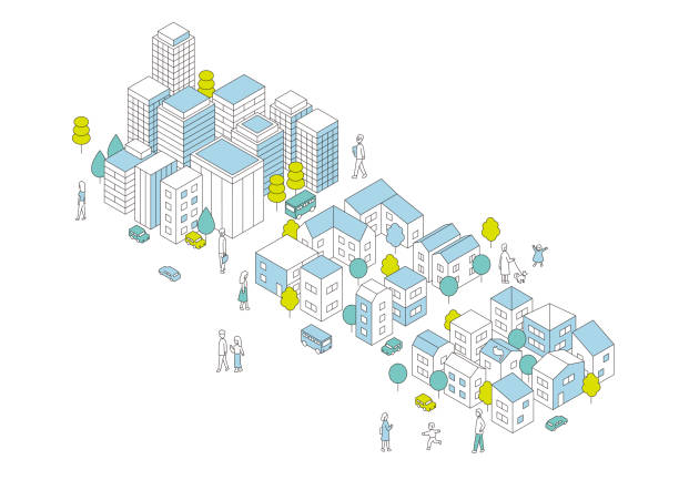 stockillustraties, clipart, cartoons en iconen met isometric vector illustration of office and residential area - stadsdeel