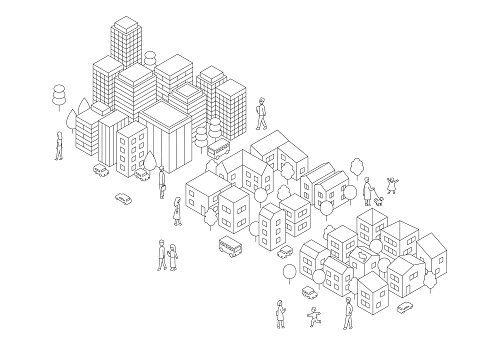 Isometric vector illustration of office and residential area