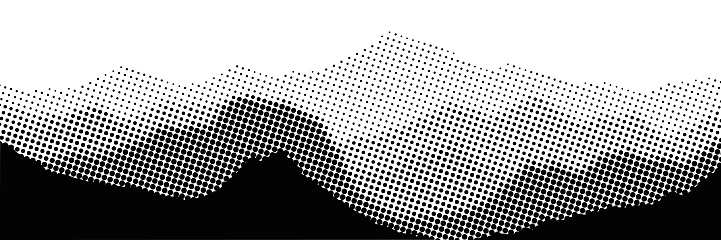 Imitation of a mountain landscape, banner, shades of gray, vector halftone dots background, fading dot effect