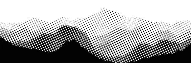 Imitation of a mountain landscape, banner, shades of gray, vector halftone dots background, fading dot Imitation of a mountain landscape, banner, shades of gray, vector halftone dots background, fading dot effect adventure designs stock illustrations