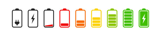 satz vertikaler batteriestandsanzeigen in prozentvektor. symbole der batterieanzeige. 0-100 prozent. - batterie stock-grafiken, -clipart, -cartoons und -symbole