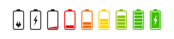 zestaw pionowych wskaźników poziomu naładowania baterii w wektorze procentowym. symbole wskaźnika baterii. 0-100 procent. - lack of energy stock illustrations