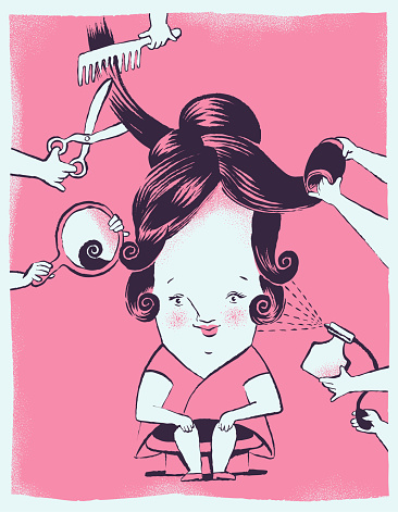 A woman at the hairdresser in the beauty salon gets a new hairstyle. Cosmetics, a mirror, curler and hair comb are used by many hands. flat design, grunge textured vektor illustration.