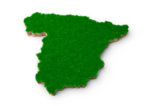 Spain Map soil land geology cross section with green grass and Rock ground texture 3d illustration