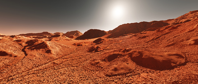 Mars planet landscape, 3d render of imaginary mars planet terrain, orange eroded desert with mountains and sun, realistic science fiction illustration.