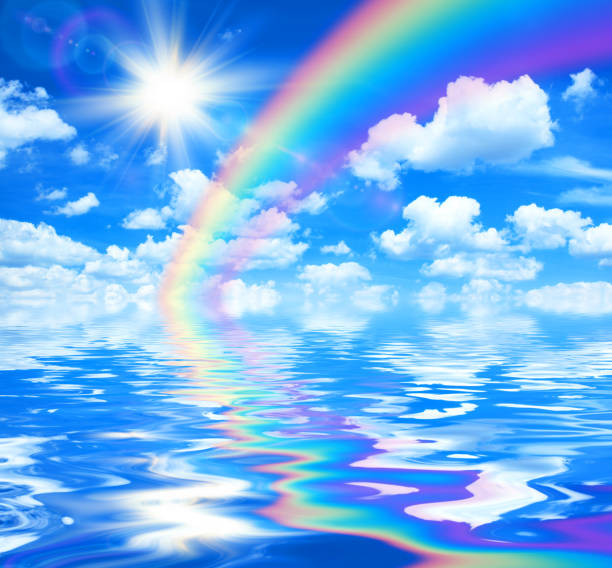 Sunny background, blue sky with rainbow, sun and clouds
