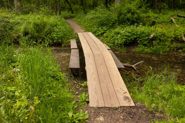 A footbridge on a hiking trail made from picnic tables.