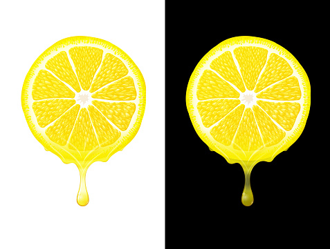 Lemon juice flows from round cut of orange fruit. Vector illustration for fresh drinks, agriculture, healthy nutrition, cooking, gastronomy, etc