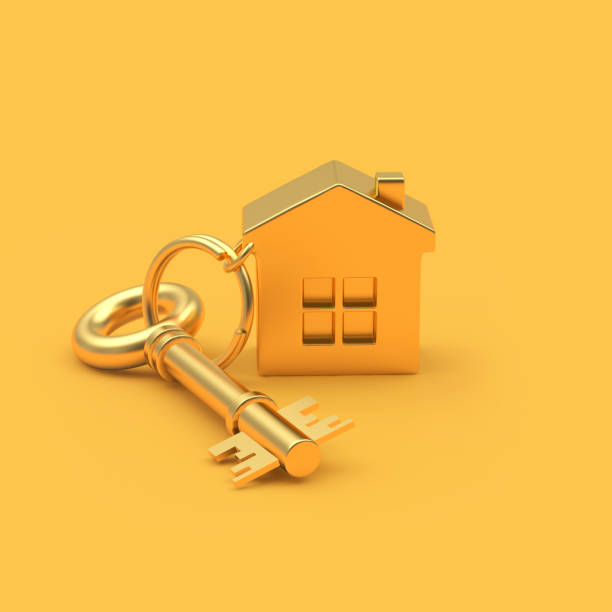 istock Golden key with house figurine . 3d 1405035851