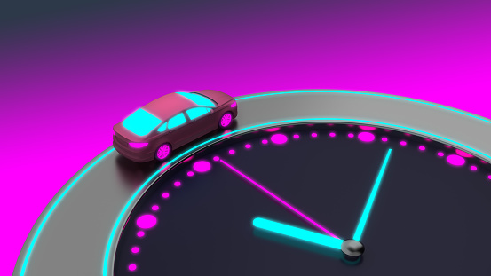 neon car rides on the clock face. 3d rendering