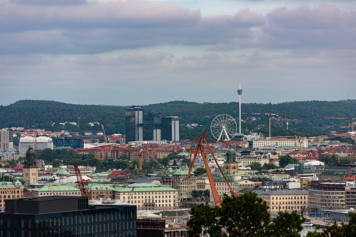 Gothenburg, Sweden - June 27 2021: Rooftop view of Gothenburg city centre with Gothia Towers and Liseberg in the distance.