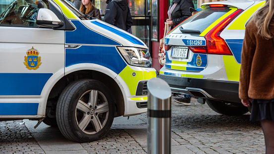 Gothenburg, Sweden - October 23 2021: Two police cars parked on the street.
