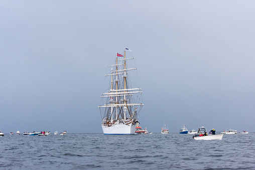Lindesnes, Norway - August 07 2021: Sail training vessel Statsraad Lehmkuhl arriving port at Båly..