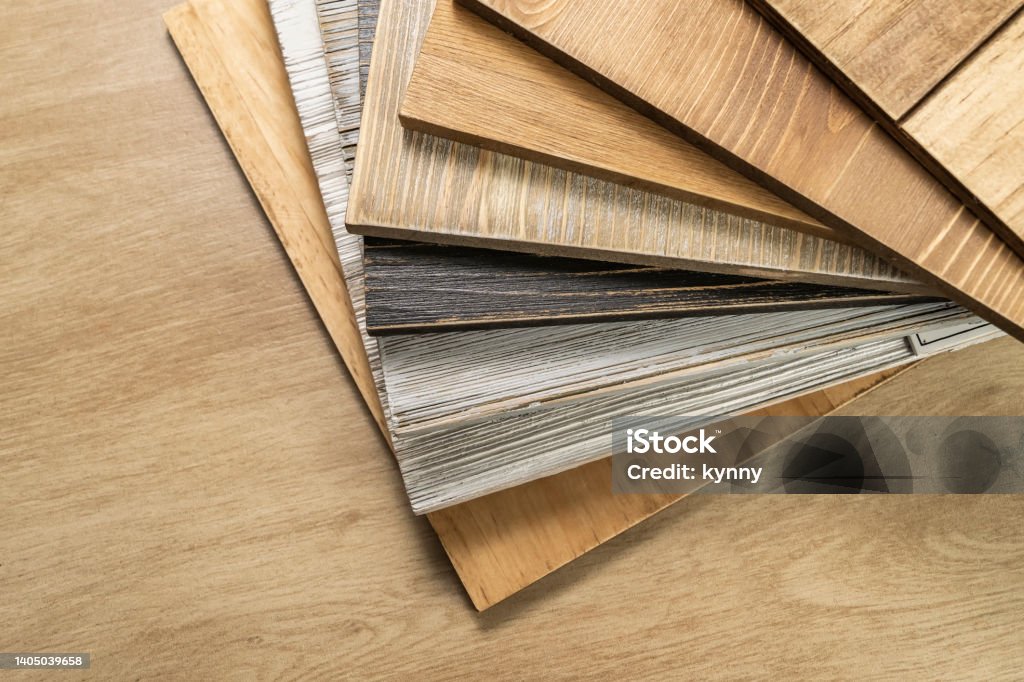 Stack of various construction sample wood boards. Color Swatch Stock Photo