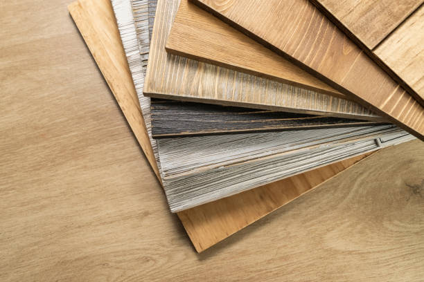 Stack of various construction sample wood boards. stock photo