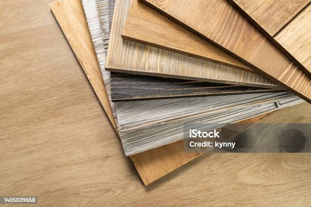 Stack Of Various Construction Sample Wood Boards Stock Photo - Download Image Now - Color Swatch, Fabric Swatch, Flooring