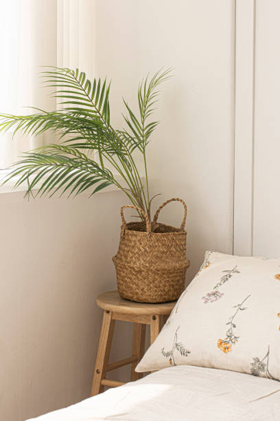 istock wooden bedside table on palm flowerpot with bed. 1405041988