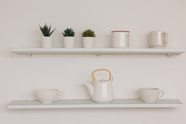 two shelves on the white wall and green plant in pot