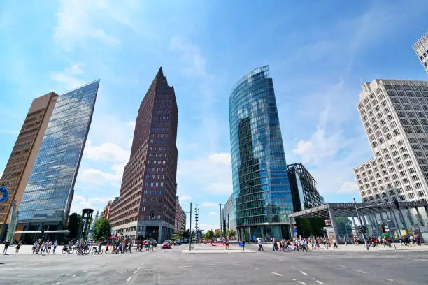 Potsdamer Platz is an public square in the centre of Berlin at sunny day, Germany